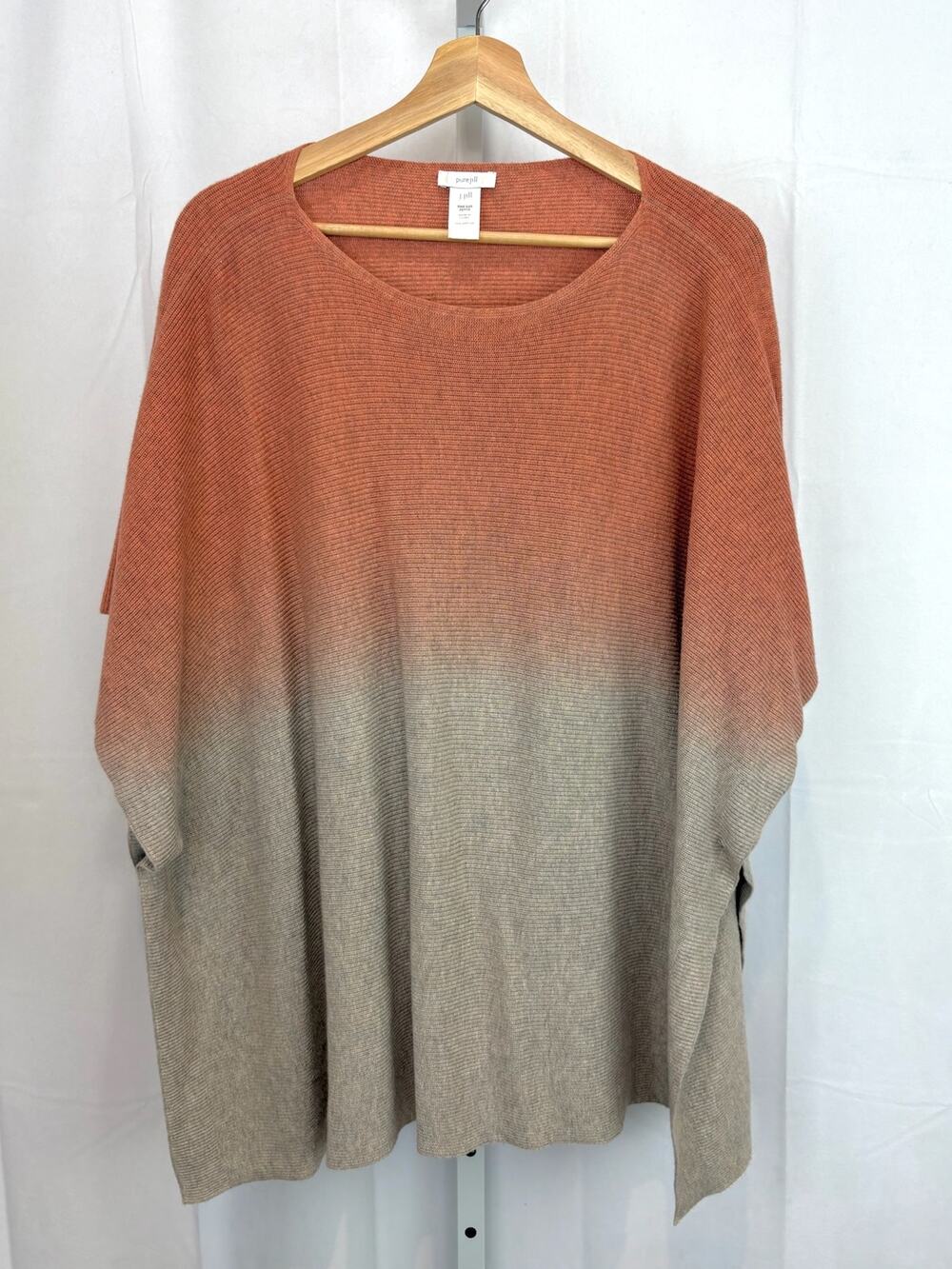 J. JILL PureJill Sz OS Ombre Poncho Pullover Sweater Cotton Knit Gray Red Clay